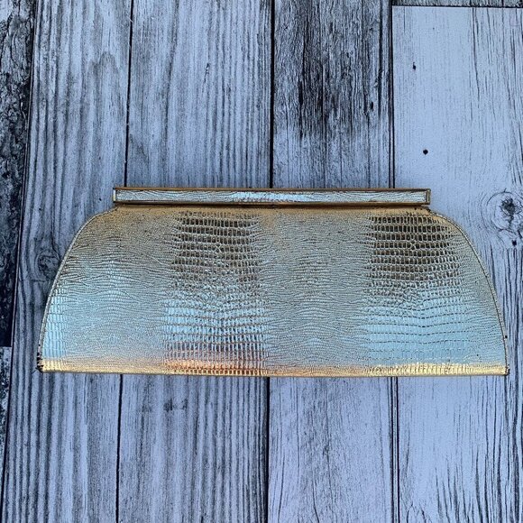 Vintage Gold Metallic Croc Embossed Clutch Handbag - Picture 1 of 12
